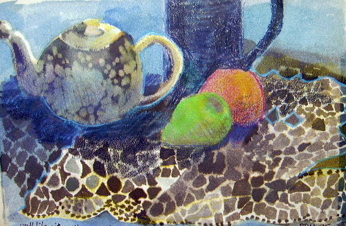 teapot and pear watercolour